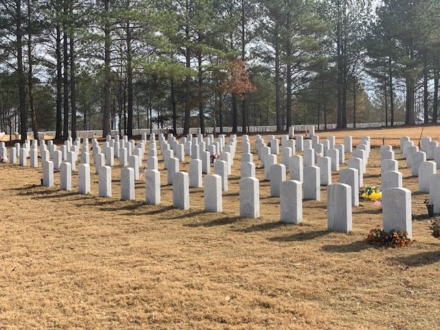 a cemetery with a lot of graves and trees in the background