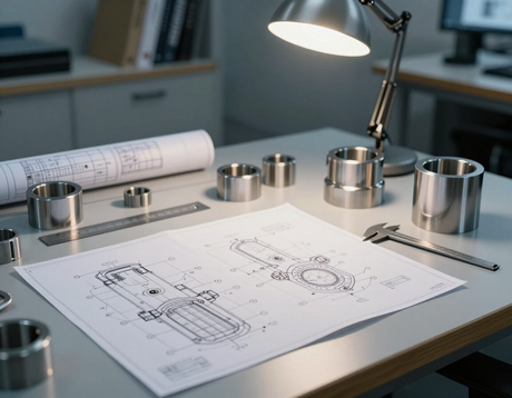 Postazione di pianificazione con disegni tecnici e componenti torniti