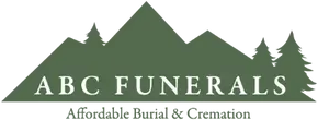 ABC Funerals logo with green mountains and trees. Text: ABC FUNERALS, Affordable Burial & Cremation.