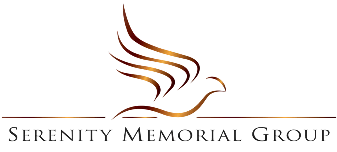 Logo for Serenity Memorial Group, featuring a stylized gold dove with outstretched wings above the text.