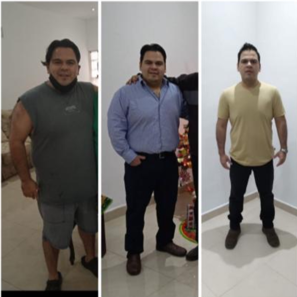 Three side-by-side full-body photos of the same man standing indoors in different outfits.