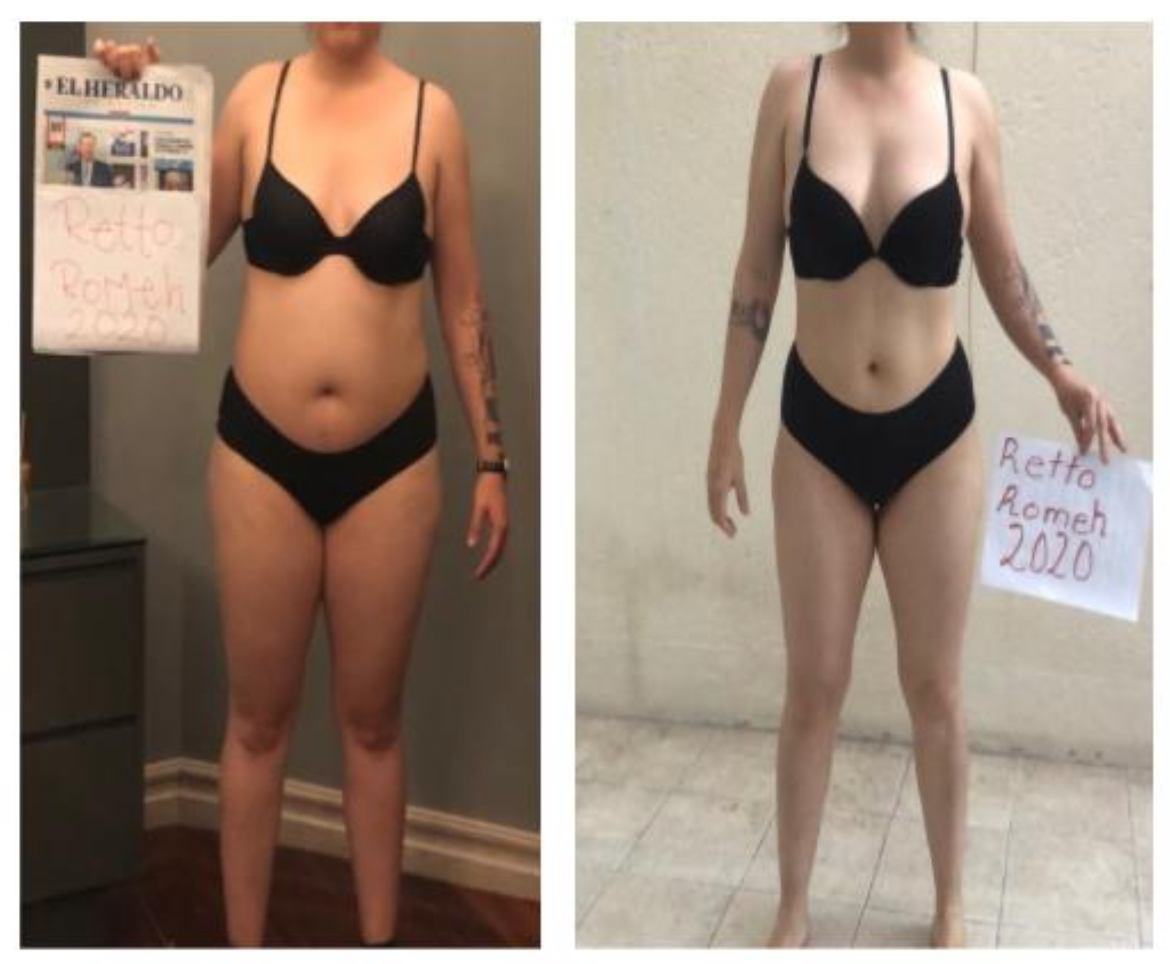 Before-and-after full-body photos in black bikini, showing weight loss progress and holding dated signs.