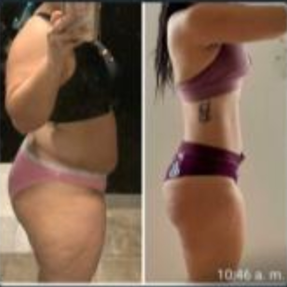 Side-by-side before-and-after body transformation photo, showing profile views in workout clothes.