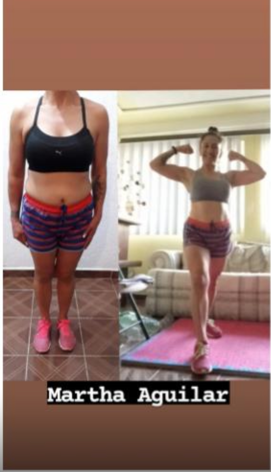 Before-and-after fitness photo of a person in a black sports bra and striped shorts, standing indoors.