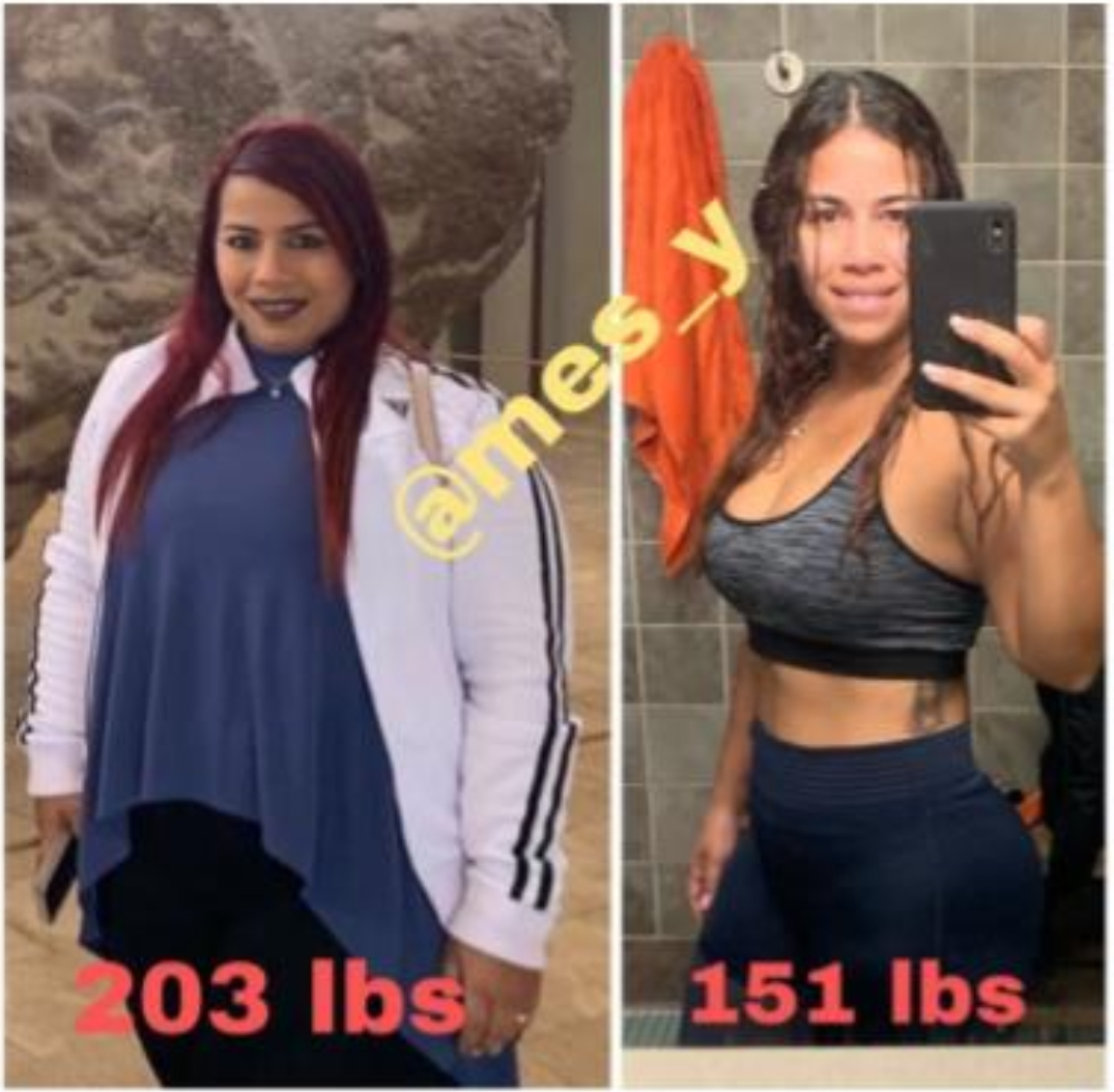 Side-by-side mirror selfies show a person at 203 lbs and 151 lbs in different outfits.