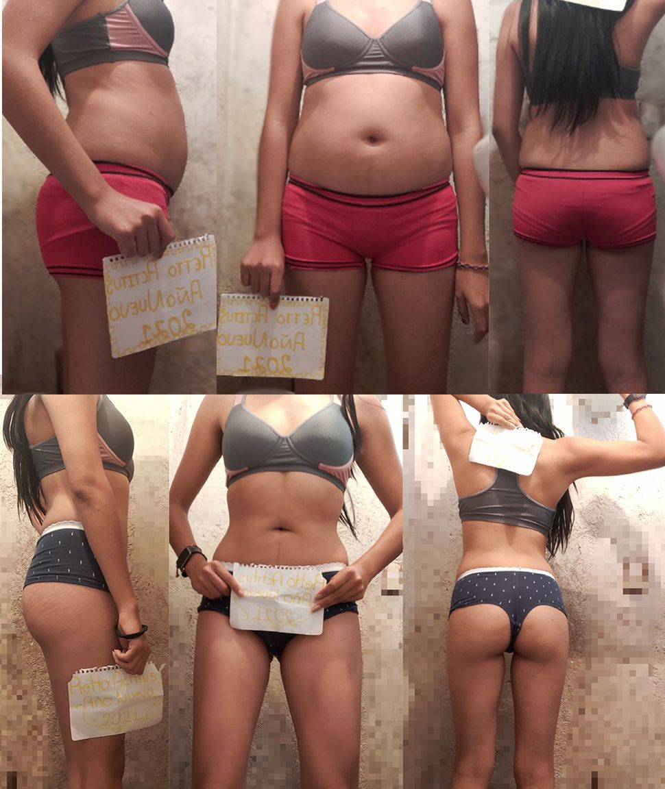 Before-and-after collage of a person in black and red underwear, showing front, side, and back views.