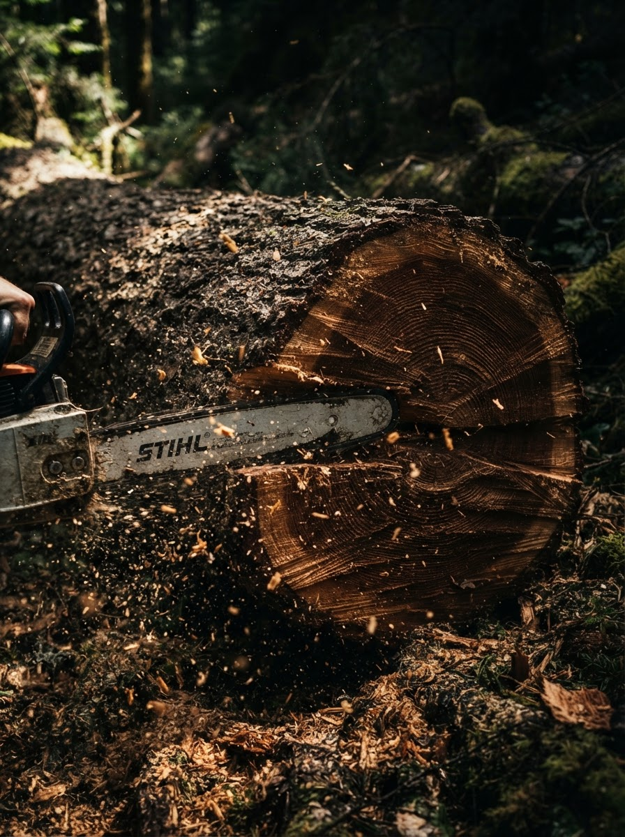 Chainsaw cutting through a large log, with wood chips flying in a forest setting