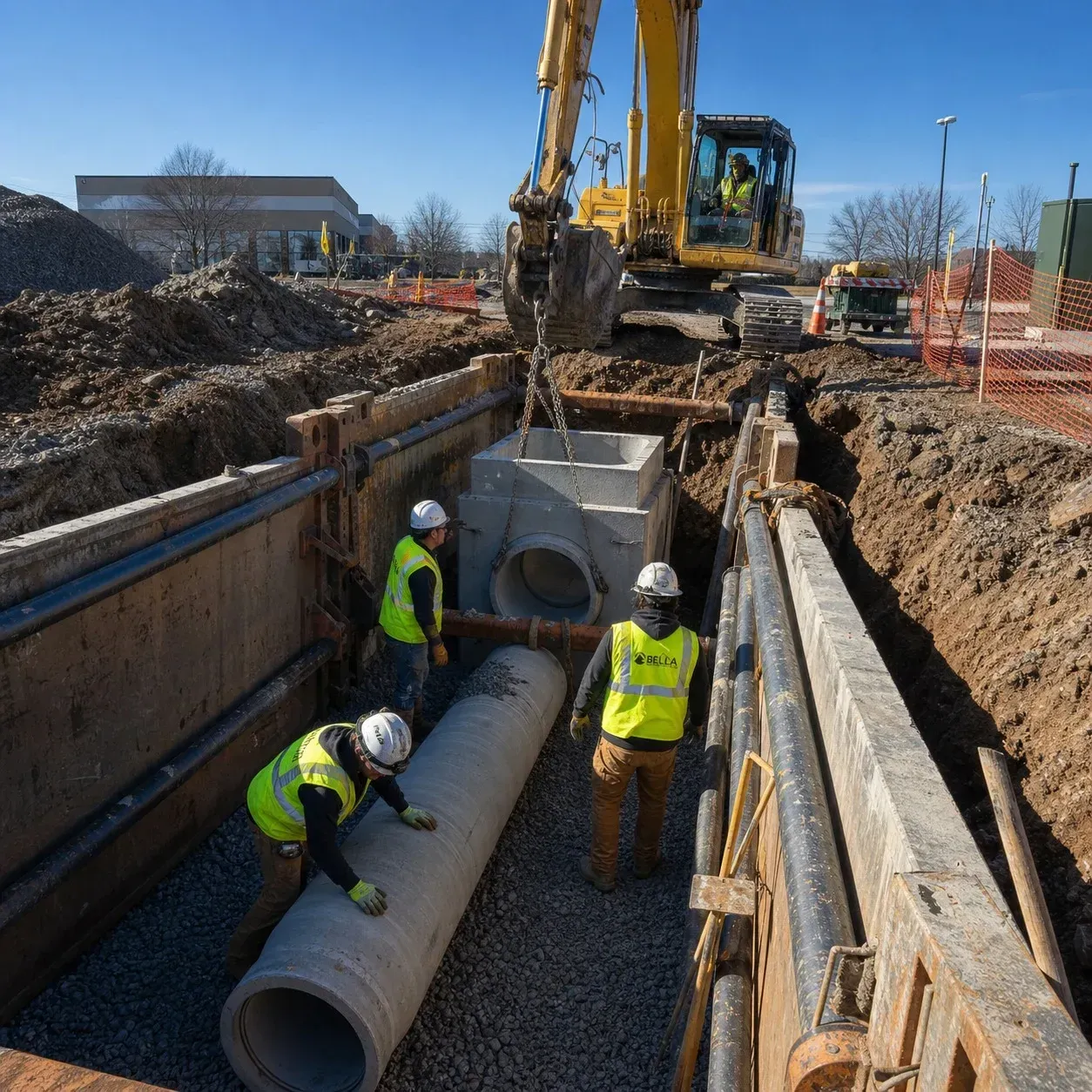 Construction workers installing large concrete pipes in a trench beside an excavator on a site.