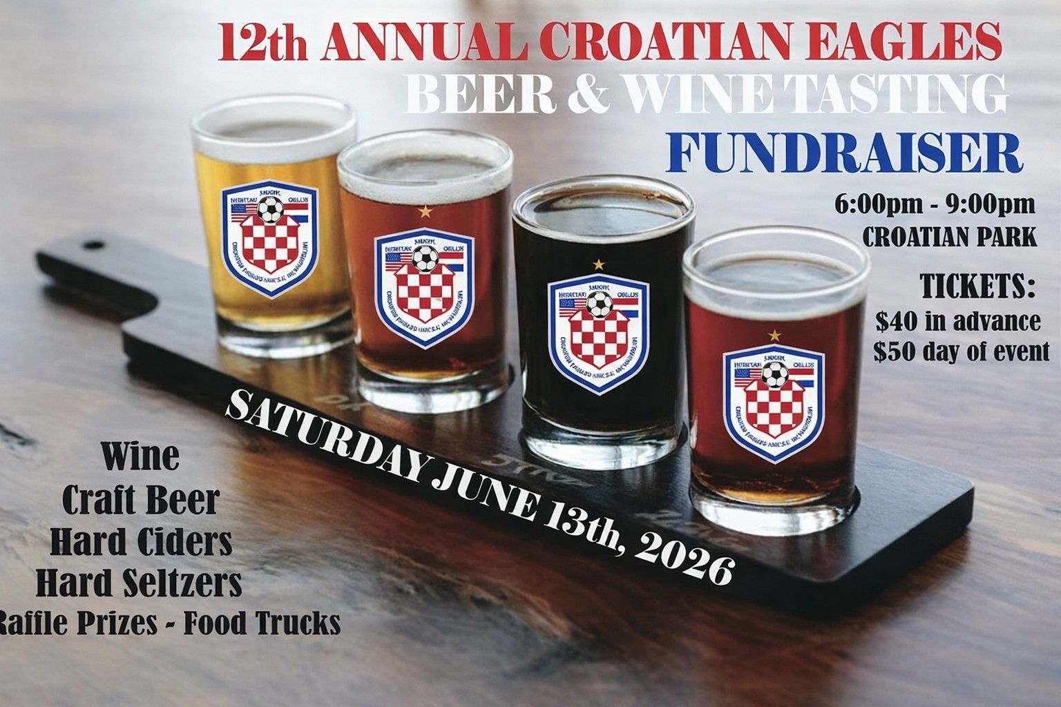 Flyer for Croatian Eagles Soccer Club's Beer & Wine Tasting event