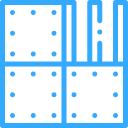 Blue polka-dot geometric icon of three stacked panels, resembling boxes or doors