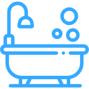 Blue outline icon of a bathtub with running faucet and bubbles