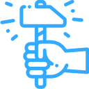 Blue outline icon of a hand holding a paint roller, with paint marks around it