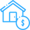 Blue line icon of a house with a dollar sign coin, suggesting home value or housing costs