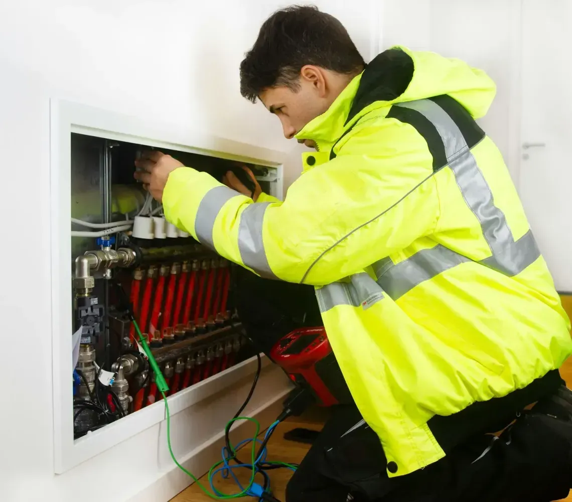 Technician in a bright yellow jacket working inside an open electrical panel