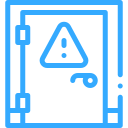 Blue warning icon with an exclamation mark on a document or page outline