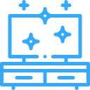 Blue line icon of a sparkling computer monitor with a drawer-style desk underneath