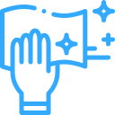 Blue line icon of a raised hand with sparkles, suggesting cleanliness or a stop gesture