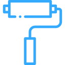 Blue paint roller icon with a long handle on a white background