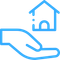 Blue line icon of a hand holding a house with a heart-shaped window