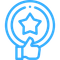 Blue outline icon of a star medal with a thumbs-up symbol, suggesting approval or quality