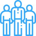 Three blue outlined people icons standing side by side