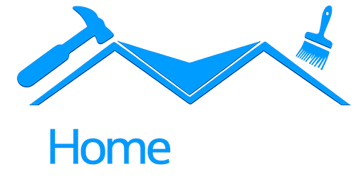 Blue house roof icon with hammer and paintbrush above the word "Home"