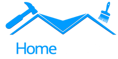 Blue house roof icon with hammer and paintbrush above the word "Home"