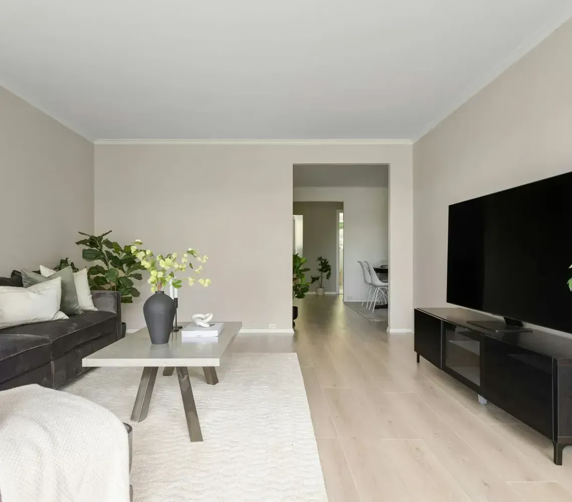 Bright living room with gray sofa, white rug, coffee table, and large TV on a black stand.
