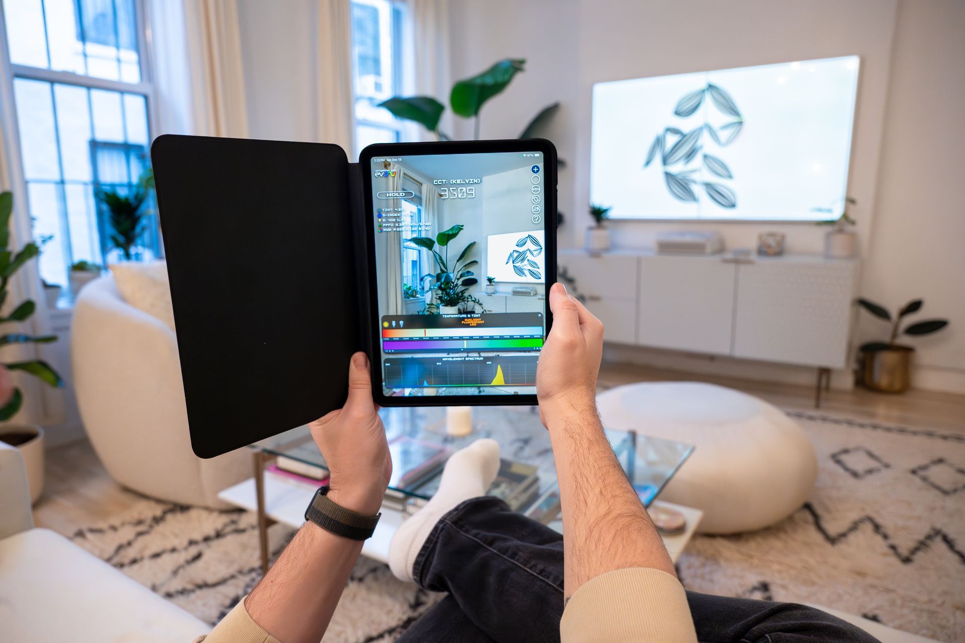 Person holding a tablet, showing interior design app in living room with a TV and plants.