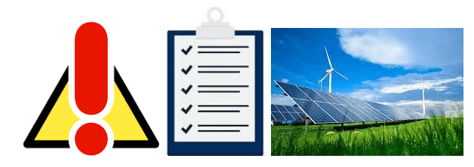 Warning icon, checklist clipboard, and solar farm with wind turbines under a blue sky