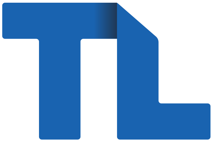 Blue stylized “TL” logo on a white background