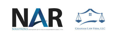 NAR and Graham Law Firm logos on a white background, black and blue text with stylized blue roof line.