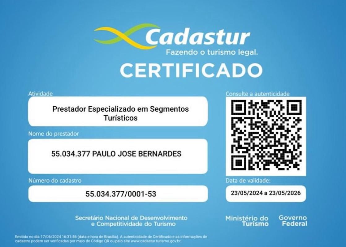 O certificado da Cadastur demonstra o quão zelamos pela profissionalismo e capacitação para nossos clientes.