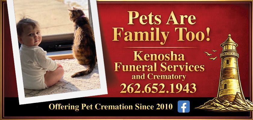 Ad for Kenosha Funeral Services showing a child and cat, the text 