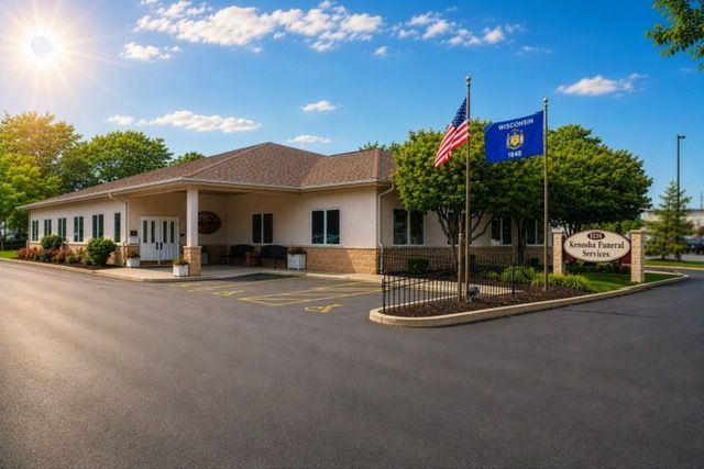 A beige, single-story professional building with a shingled roof, handicap parking spots, and two flagpoles on a clear day.