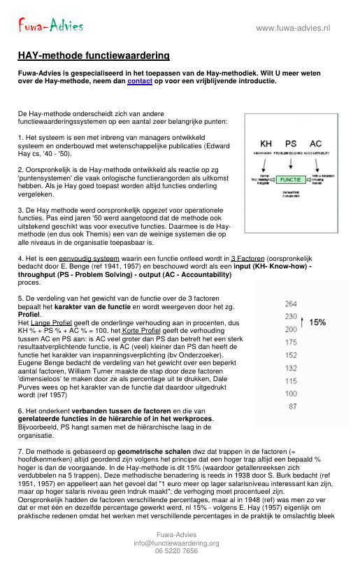 Klik op het plaatje om de pdf-versie te downloadendownload te gaan. De Hay-functiewaarderingsmethode onderscheidt zich op een aantal belangrijke eigenschappen van alle andere functiewaarderingssystemen.