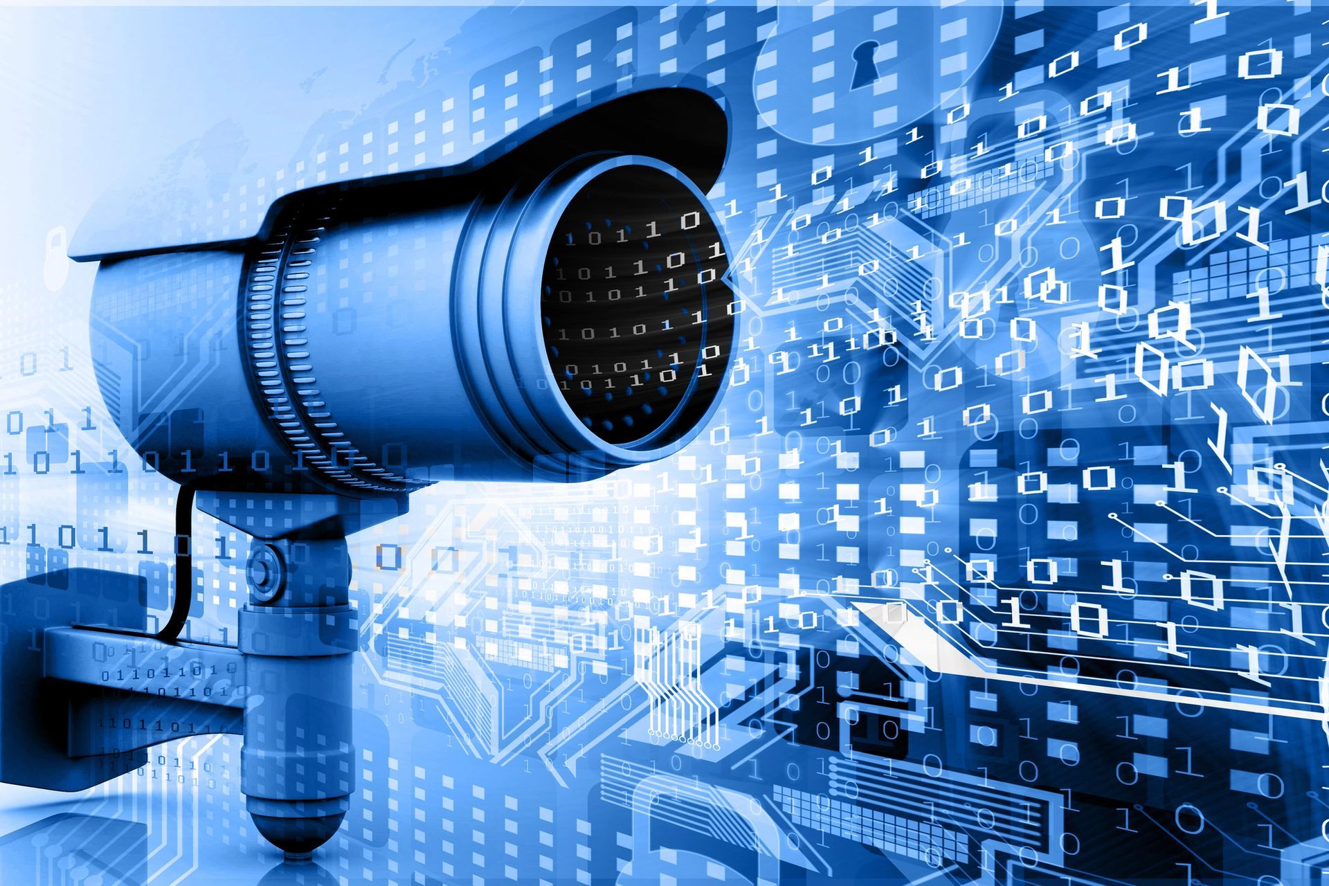 Telecamera di sorveglianza blu puntata su uno sfondo con codice digitale, simbolo di sicurezza e monitoraggio.