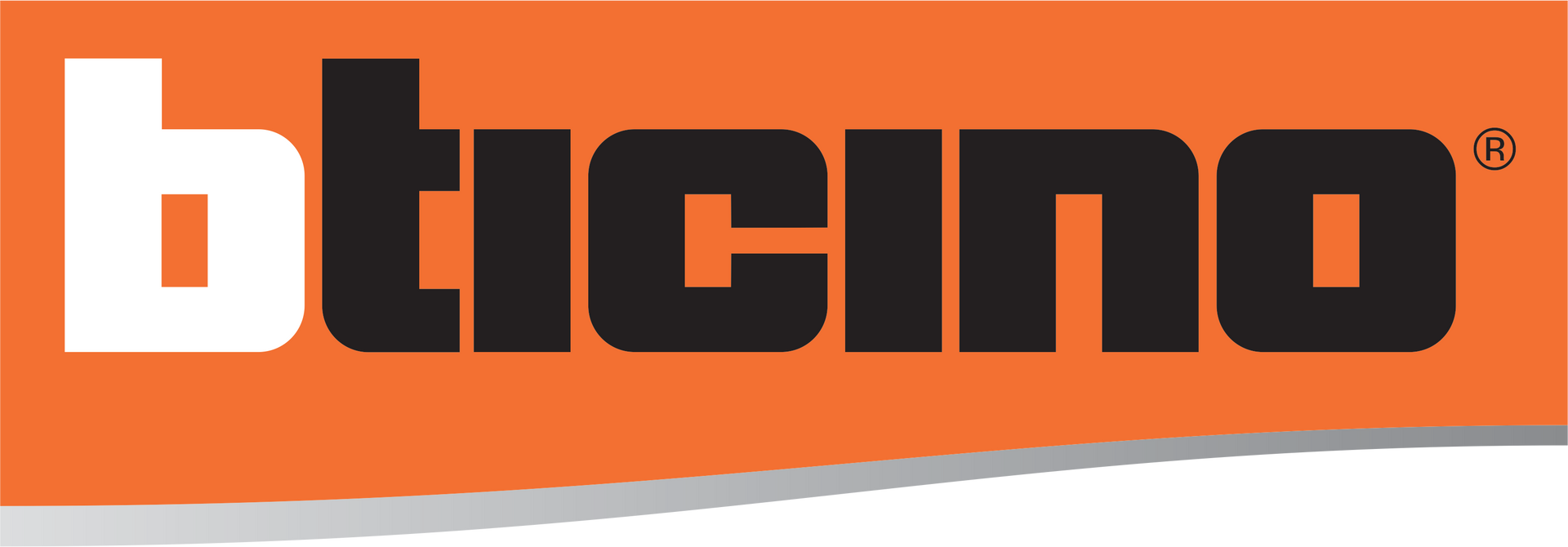 Logo Bticino in arancione, nero e bianco con un accento a forma di swoosh grigio.