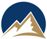 Stylized tan mountain peaks against a dark blue circular background