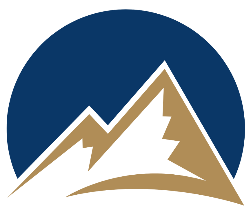 Stylized tan mountain peaks against a dark blue circular background