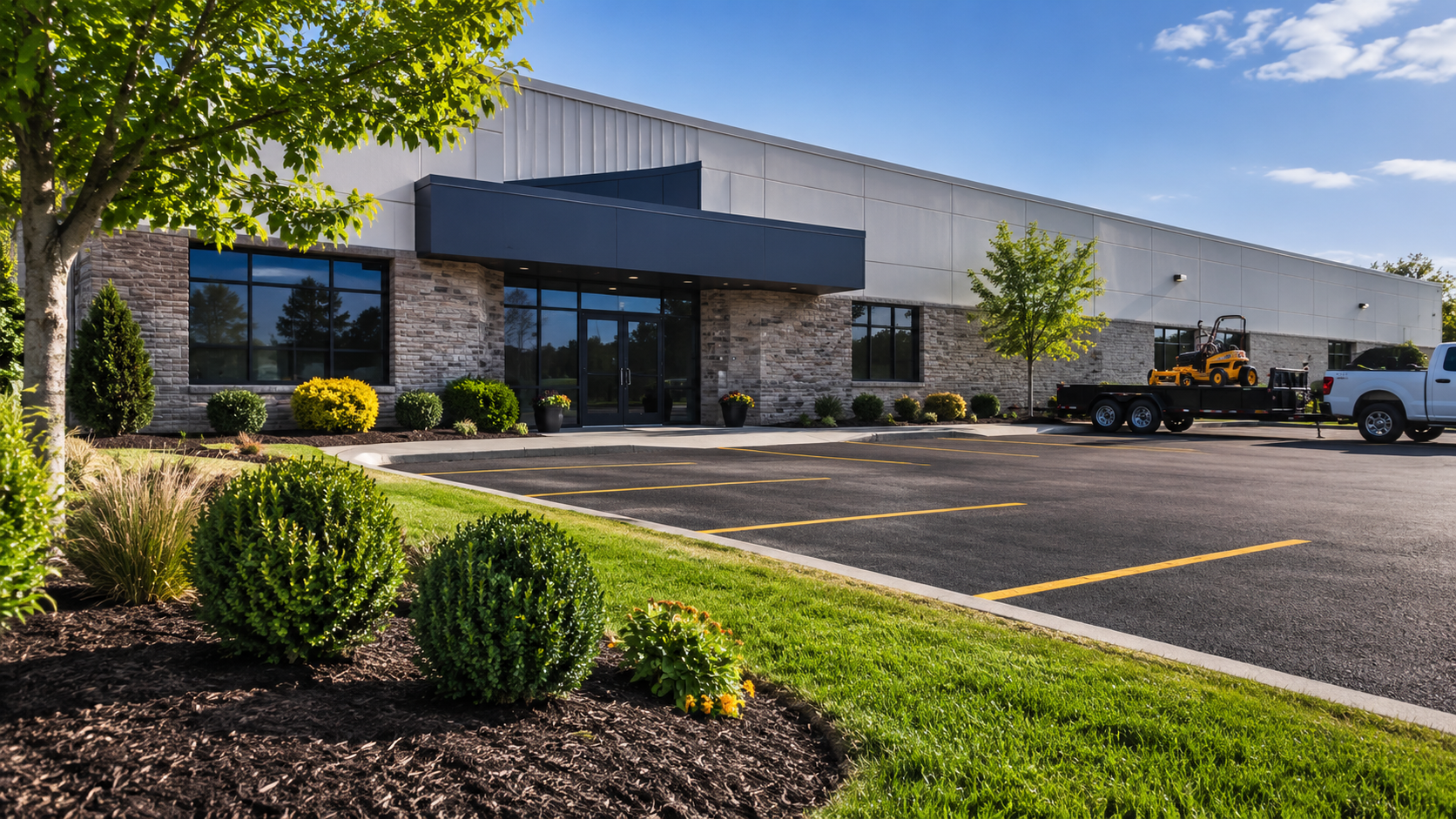 Commercial office building with dark awning, stone facade, parking lot, and landscaped shrubs in front