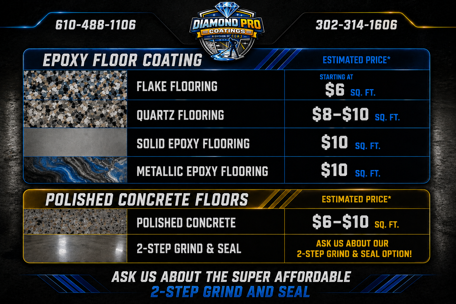 Promotional flyer for epoxy floor coating and polished concrete floors with pricing and contact numbers.