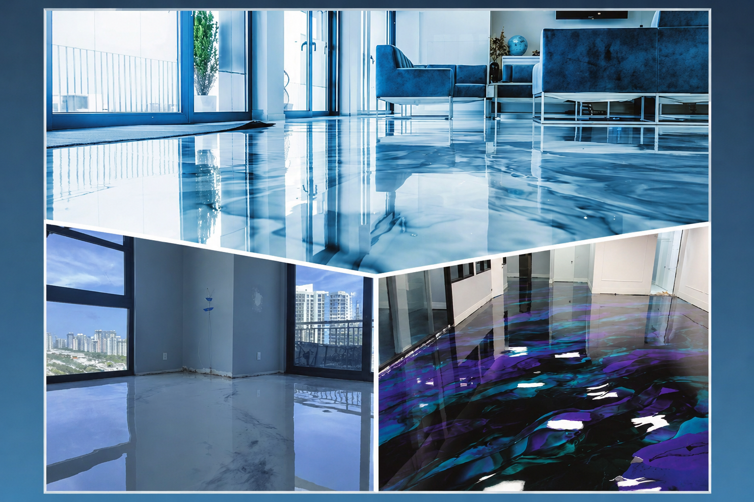 Collage of three custom epoxy floors featuring glossy metallic finishes in blue, white, black, teal, and purple.