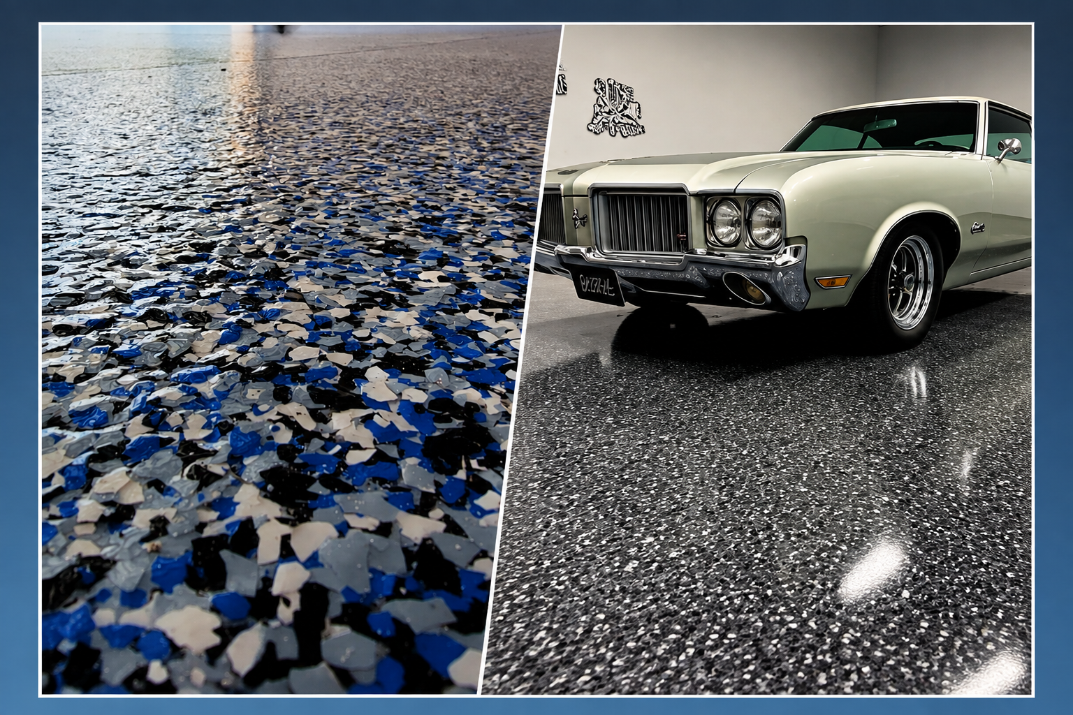 Close-up of blue, gray, black, and white flake flooring alongside a finished epoxy garage floor with a classic car.
