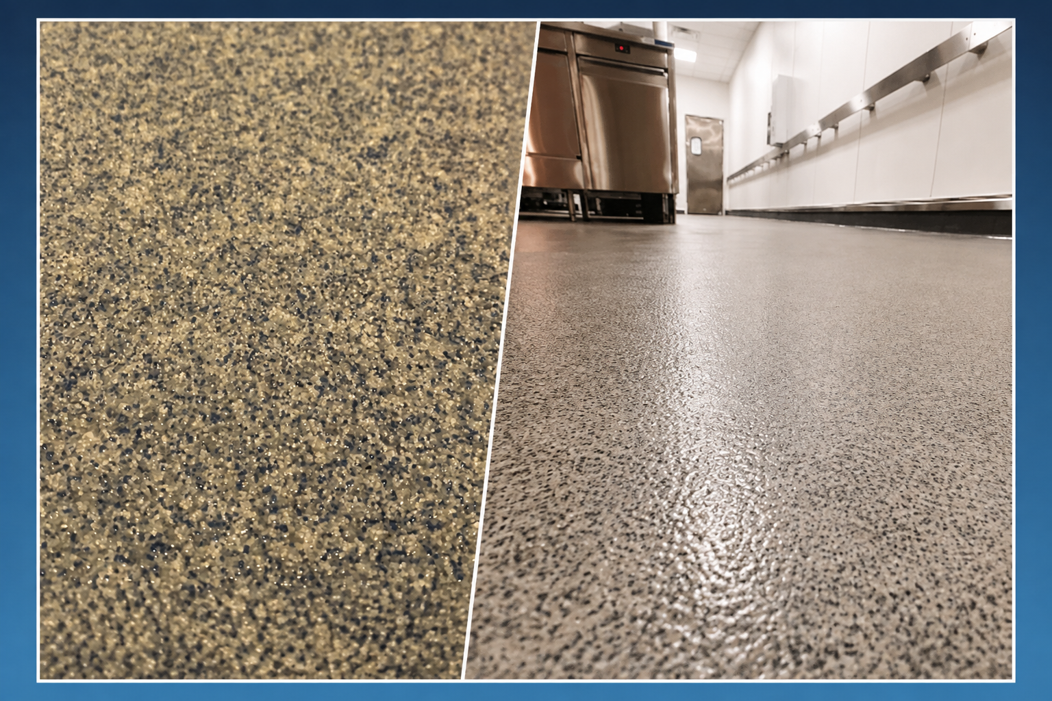 Close-up of textured quartz flooring alongside a finished quartz floor in a commercial kitchen.