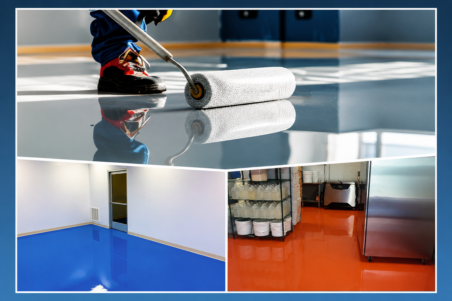 Collage showing glossy solid epoxy flooring in blue, orange, and gray finishes for commercial and industrial spaces.