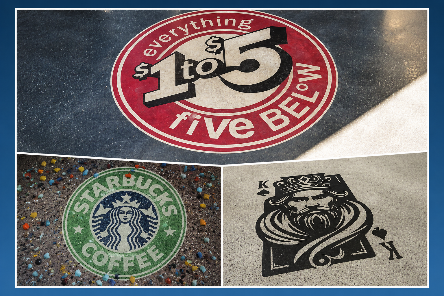 Collage featuring custom logos and graphics embedded into coated concrete flooring for a distinctive branded finish.