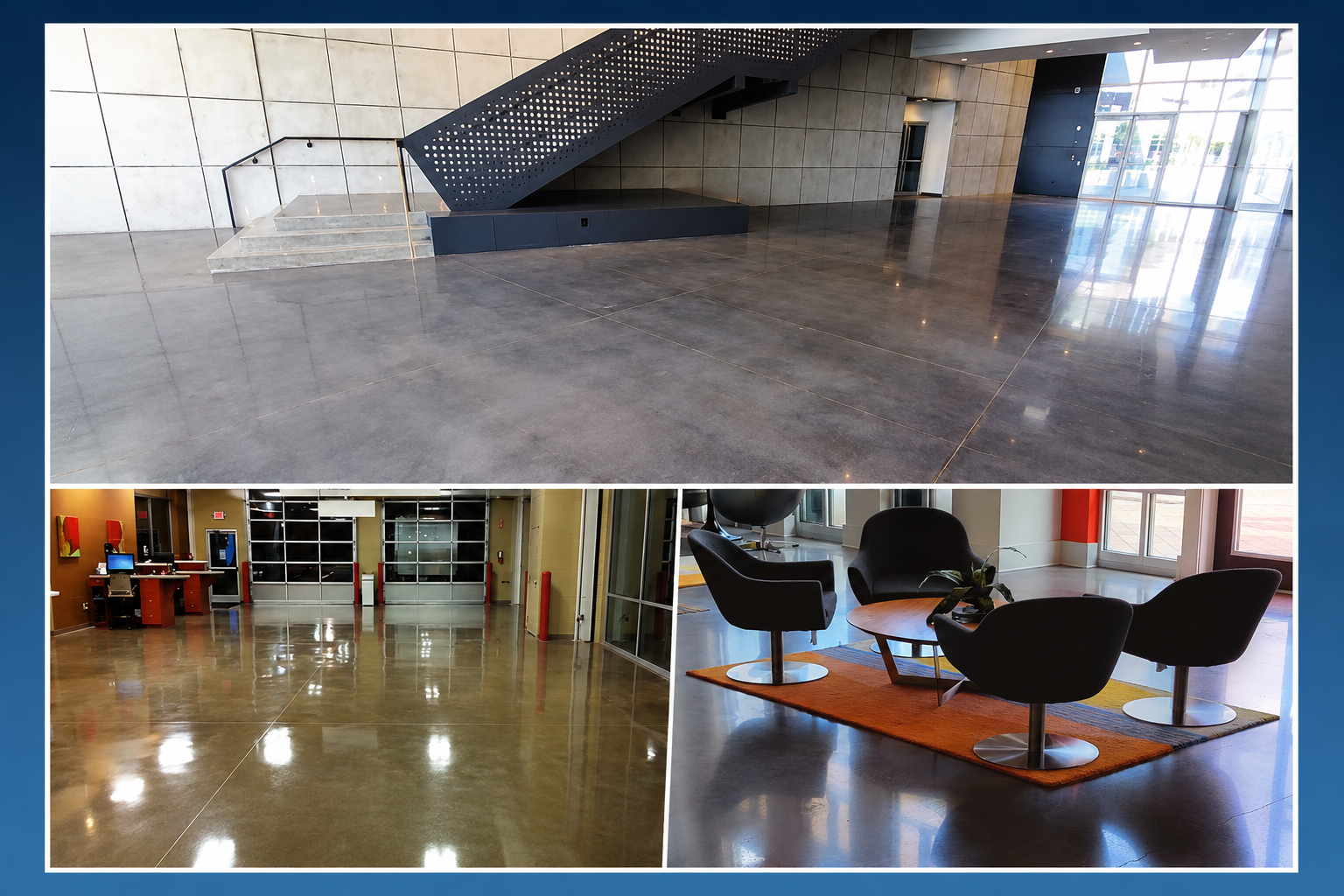 Collage showcasing polished concrete floors in modern commercial, industrial, and lounge spaces with smooth, reflective finishes.