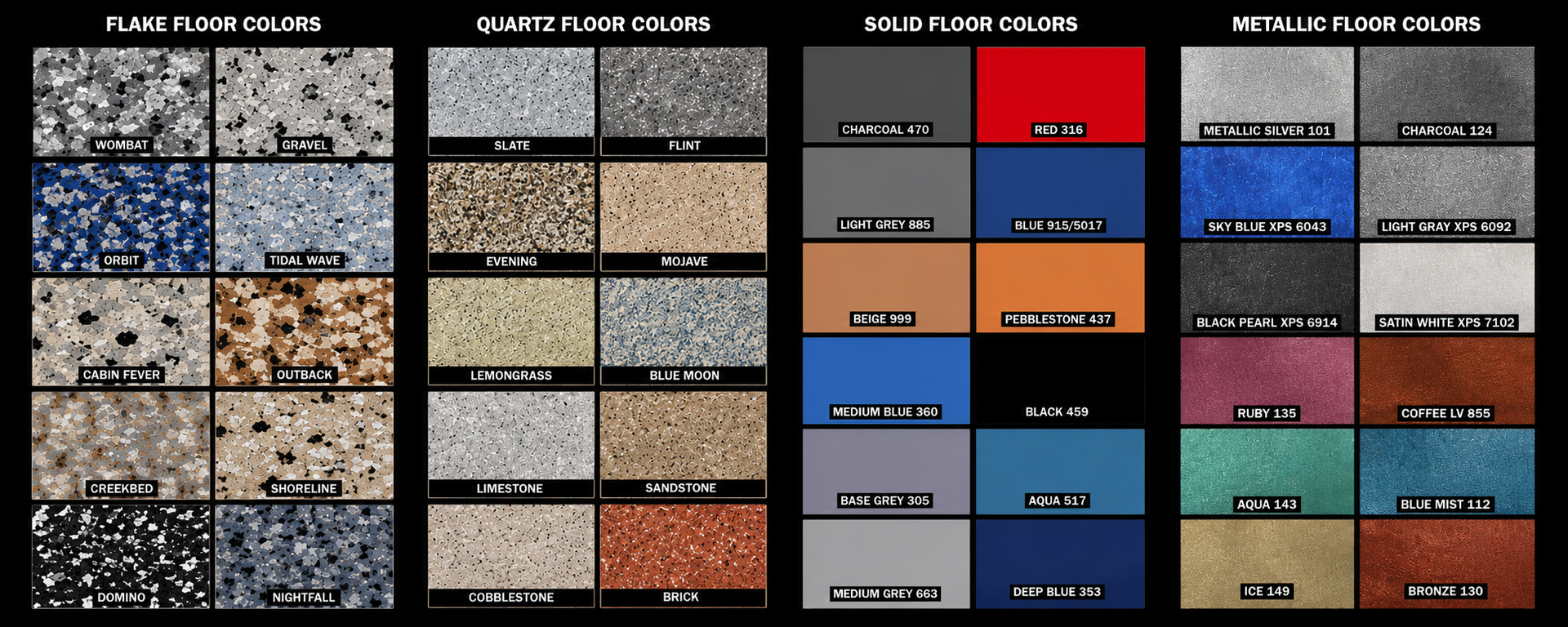 Comparison chart of four tile and grout color schemes in small labeled sample panels
