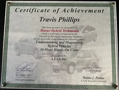 Certificate of Achievement for Travis Phillips | Hood's Automotive